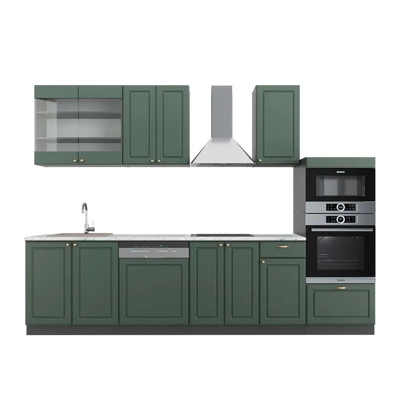 Cenově Výhodný Kuchyňský kout Fame-Line Zeleno-zlatá Country House/Anthracite 300 cm s vysokou skříní, PD Mramor Vicco