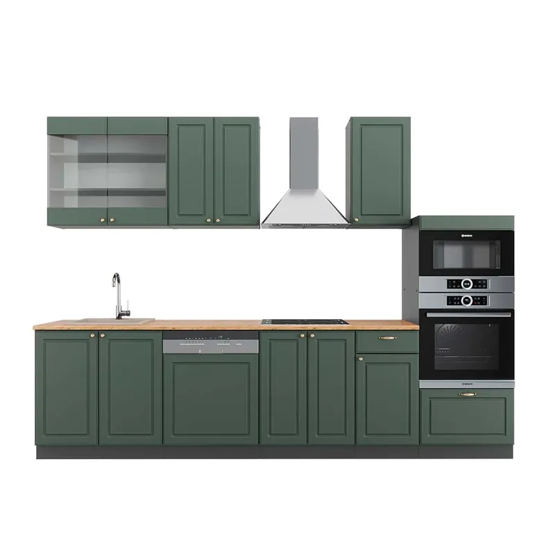 Kuchyňský kout Fame-Line Zeleno-zlatá Country House/Anthracite 300 cm s vysokou skříní, PD Dub Vicco Výprodej