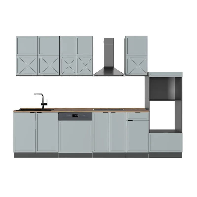 Cenově Výhodný Kuchyňský kout Fame-Line Světle modrošedá/Antracit 300 cm s vysokou skříní, PD Dub Vicco