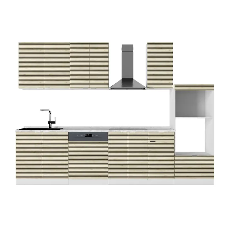Zlevněný Kuchyňský kout Fame-Line Dubový panel/bílá 300 cm s vysokou skříní, PD Mramor Vicco