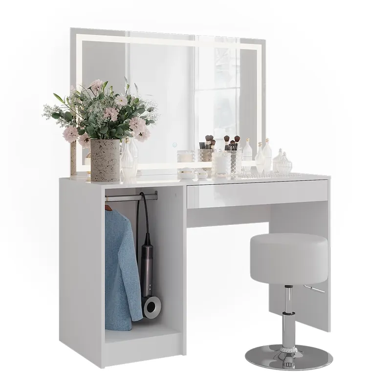 Speciální Cena Toaletní stolek Sherry Bílá/bílý vysoký lesk 119.8 cm s LED osvětlením a taburetem Vicco