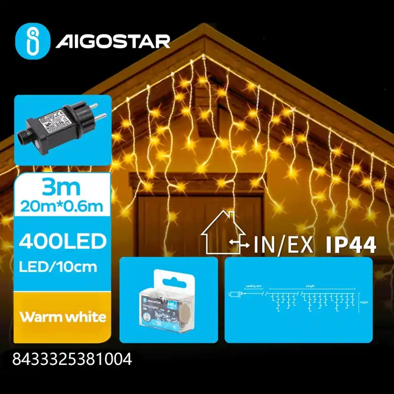 Aigostar - LED Venkovní řetěz 400xLED/8 funkcí 23x0,6m IP44 teplá bílá Nízká Cena