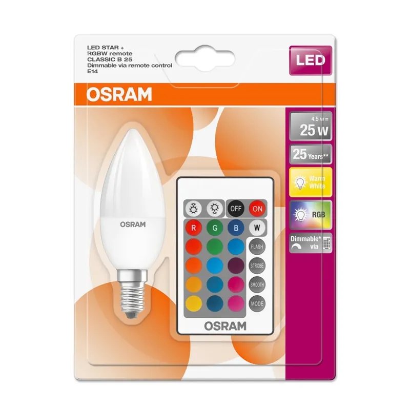 Akce LED RGBW Stmívatelná žárovka STAR E14/4,5W/230V 2700K + dálkové ovládání – Osram
