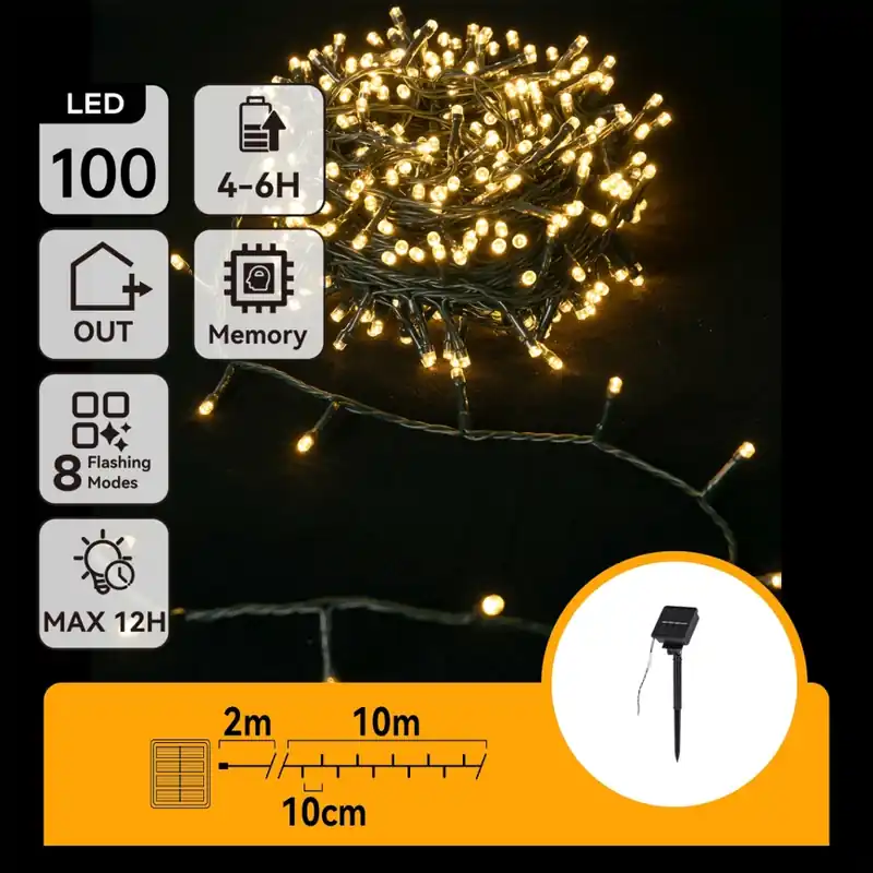Aigostar - LED Solární řetěz 100xLED/8 funkcí 12m IP65 teplá bílá 800 mAh Časově Omezené