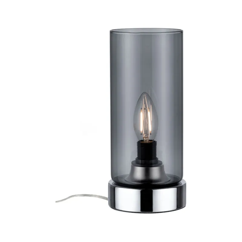Akce Paulmann Pinja, stolní dotyková lampa, 1x40W, chrom, kouřové stínítko, 24cm