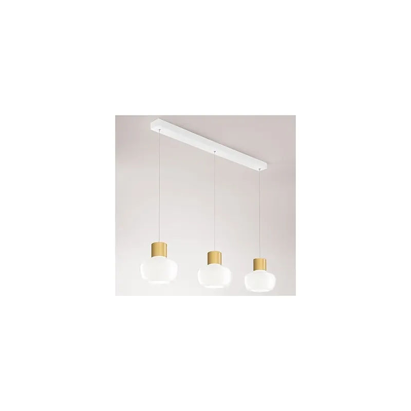 Fabas Kino, závěsné svítidlo z bílého skla a zlatého kovu, 3x12W LED 3000K krokové stmívání, délka 92cm Akce