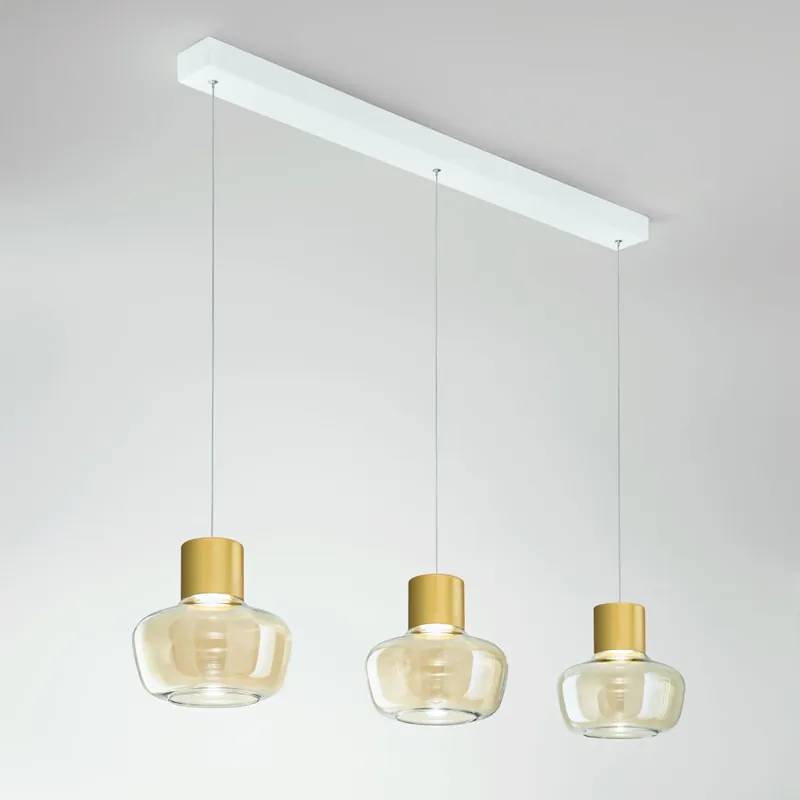 Cenově Výhodný Fabas Kino, závěsné svítidlo z čirého skla a zlatého kovu, 3x12W LED 3000K krokové stmívání, délka 92cm
