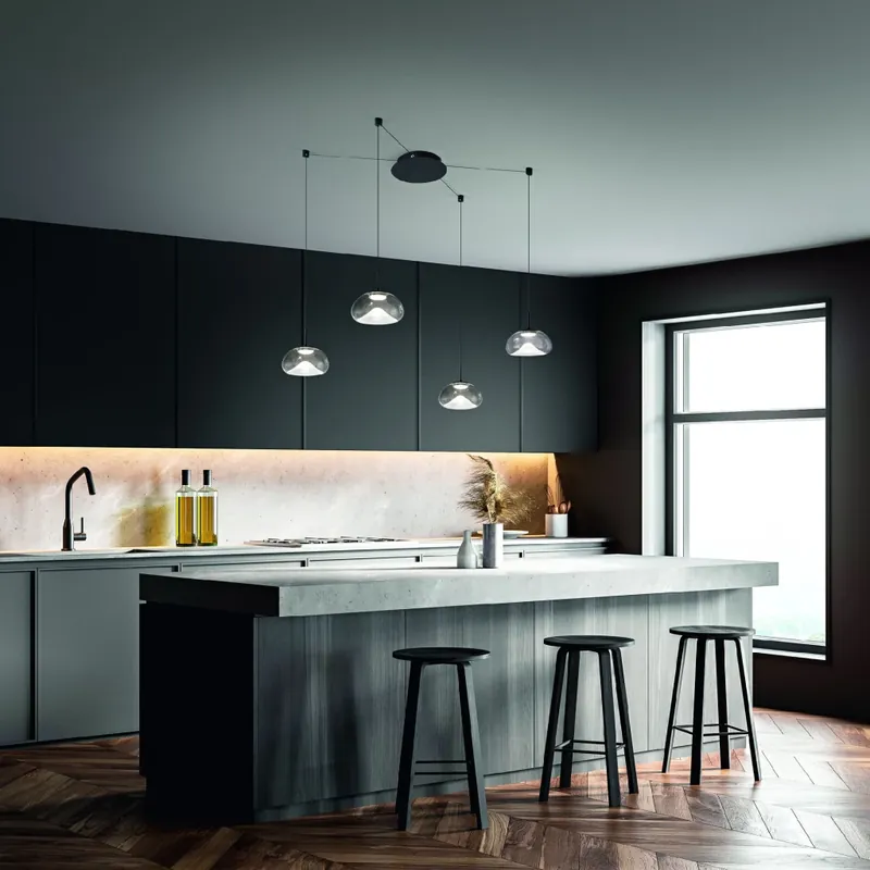 Dokud Zásoby Vydrží Fabas Brena, závěsné svítidlo z čirého skla, 4x10W LED 2700/3000/4000K krokové stmívání, prům. 22cm