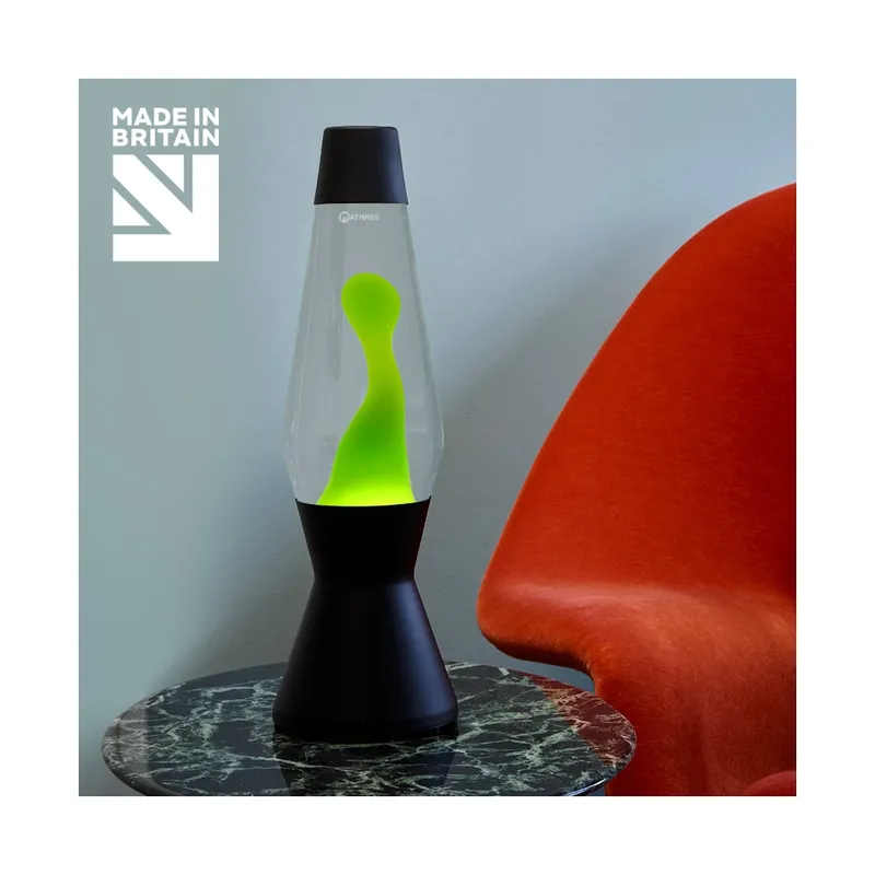 Mathmos Astro Black, originální lávová lampa, matně černá s čirou tekutinou a zelenou lávou, výška 43cm Originální
